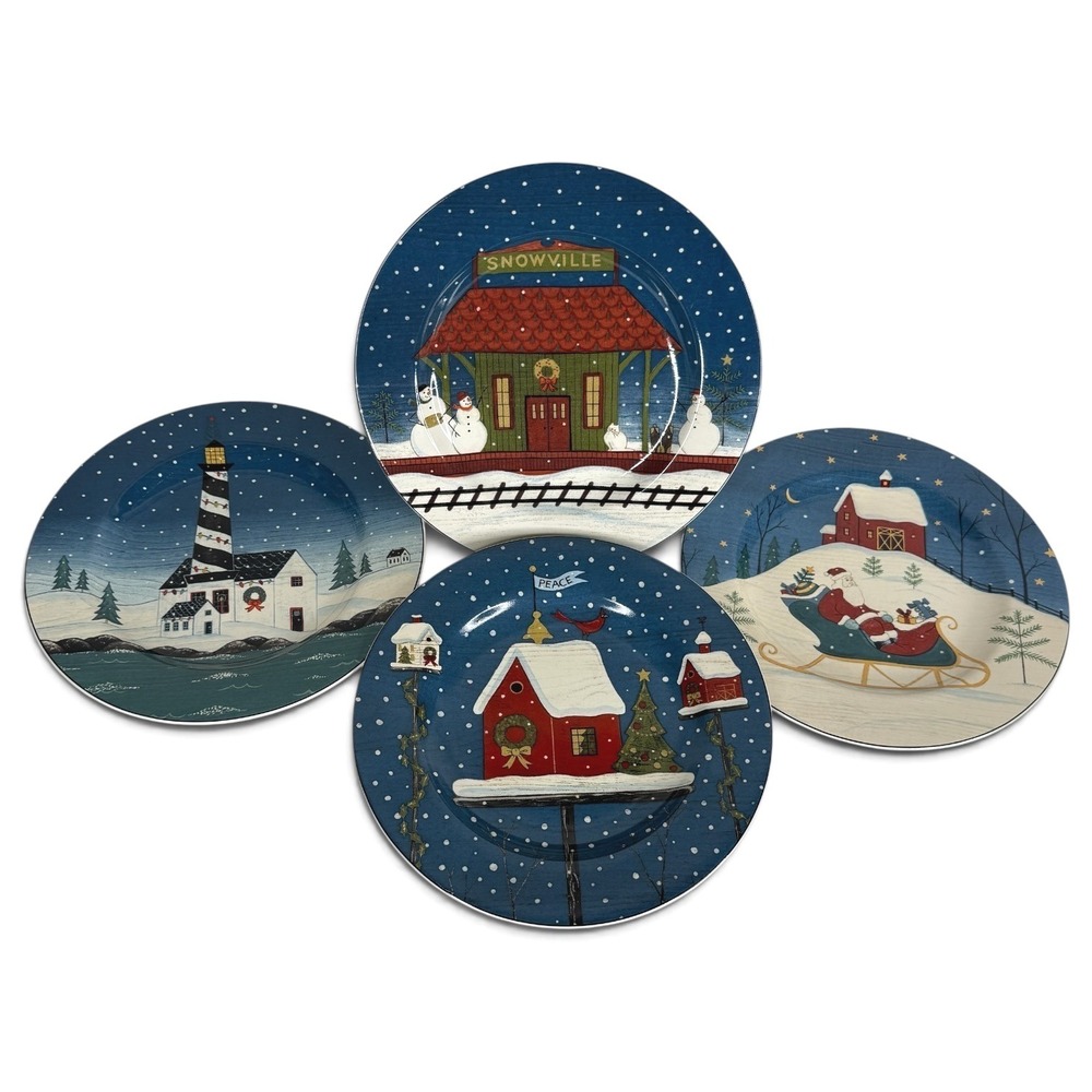 Sakura Warren Kimble Salad Plates Home For the Holidays Set Of 4 Blue Stoneware